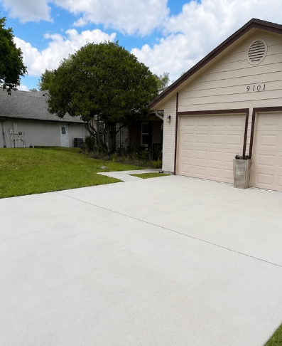 Freshly pressure washed concrete driveway in front of a two-car garage