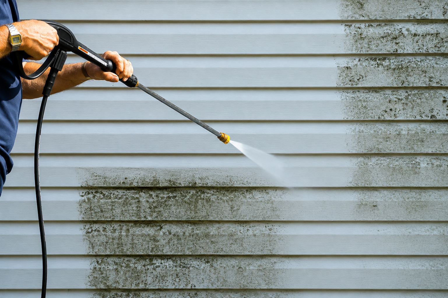 Pressure washer rinsing dirt from the stucco exterior of an Orlando home