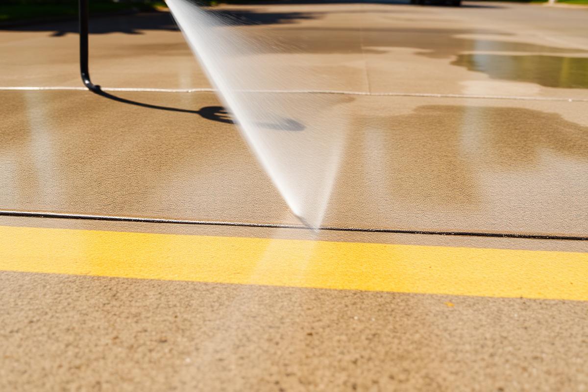 Concrete driveway being pressure washed, showing a clean strip next to dirty concrete