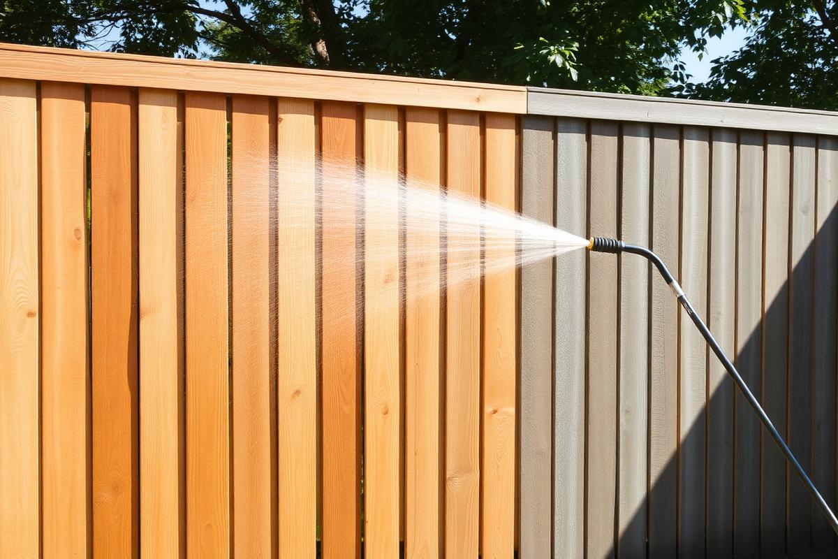 Wooden privacy fence being pressure washed, clean wood next to weathered gray boards