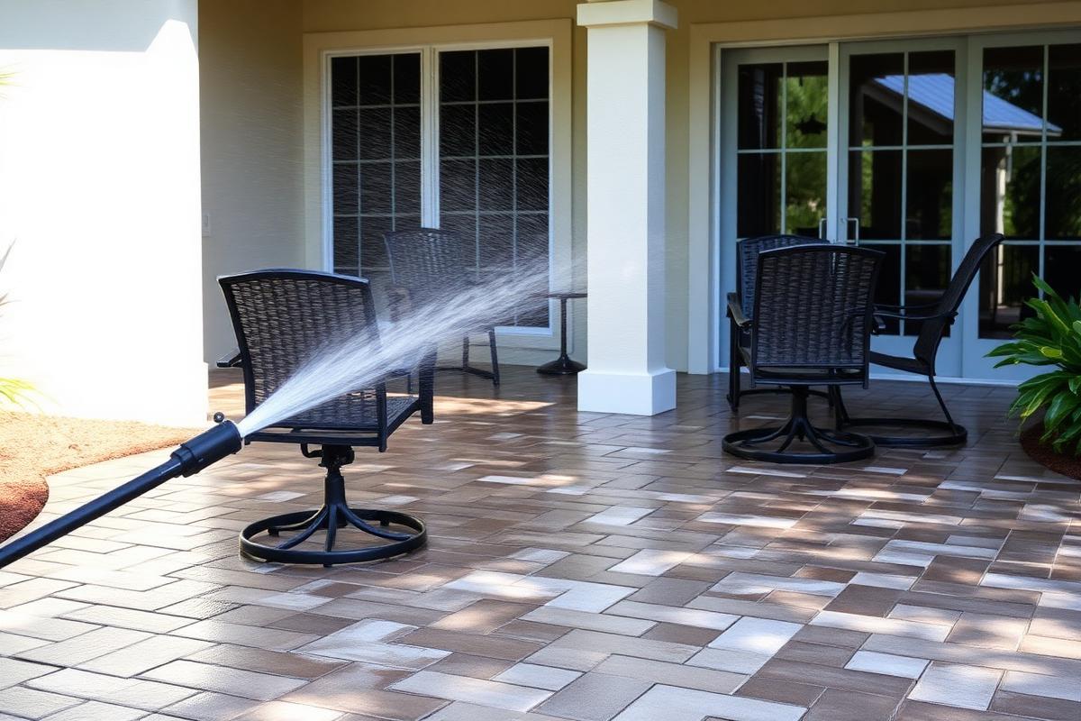 Paver patio behind a Florida home being cleaned with a pressure washer