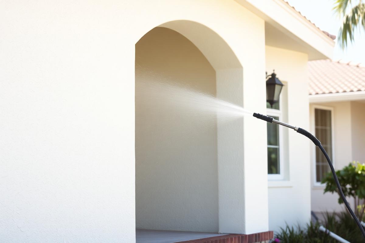 Soft washing removing black mold and green algae streaks from a Florida home exterior