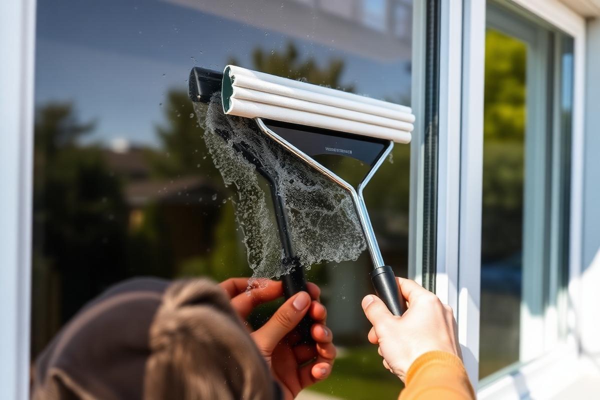 Exterior home window being cleaned with a squeegee
